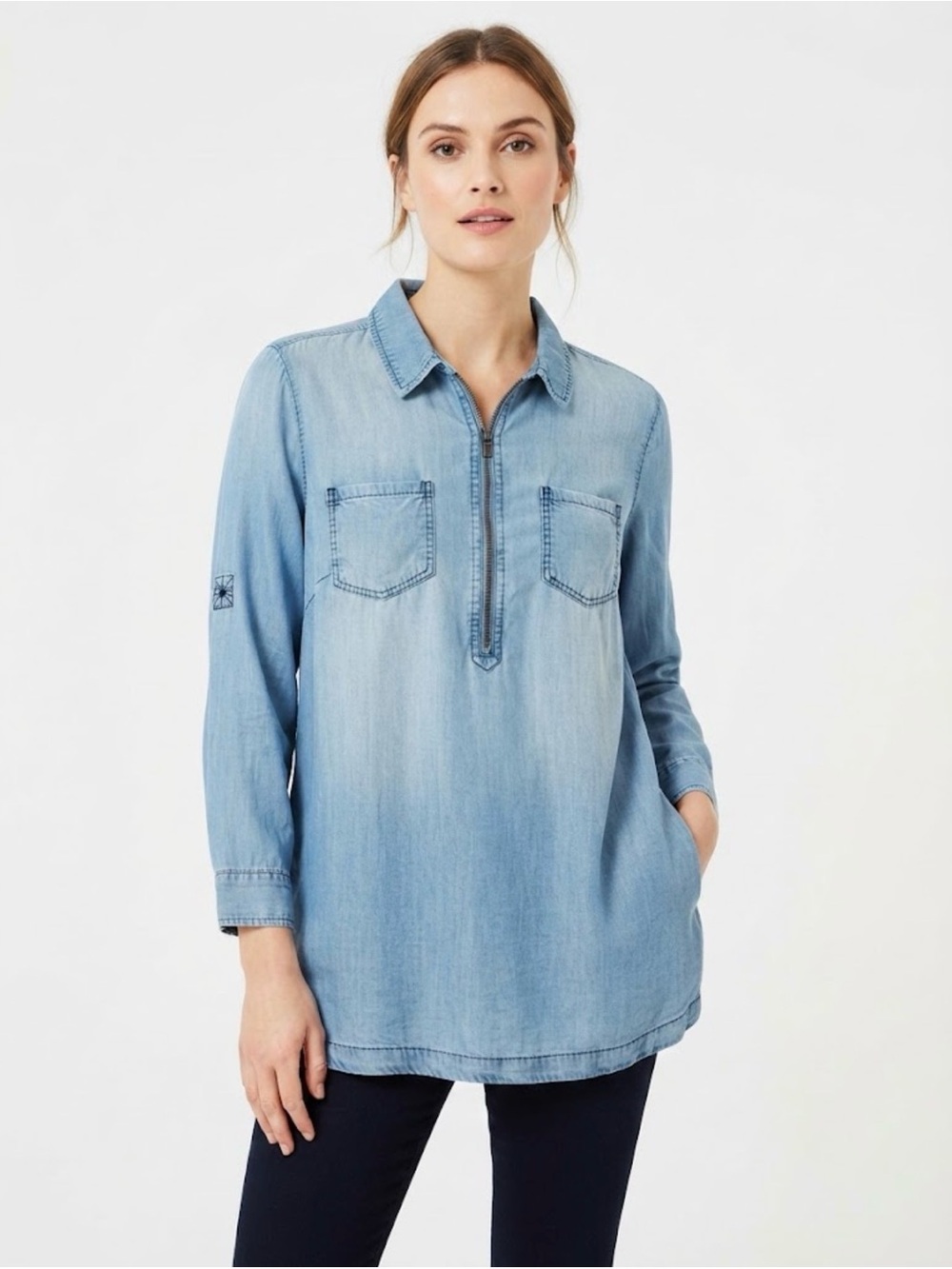 Simply Be Light Wash Chambray Quarter-Zip Tunic